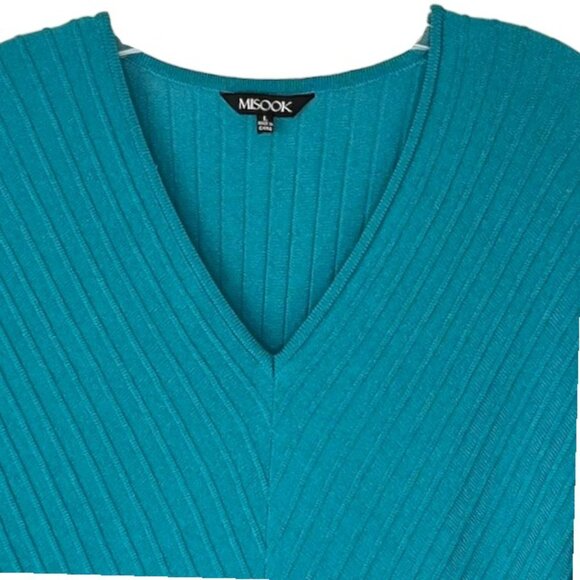 Misook Fit-And-Flare Textured Knit Midi V-Neck Dress - Aqua - L - Picture 4 of 10